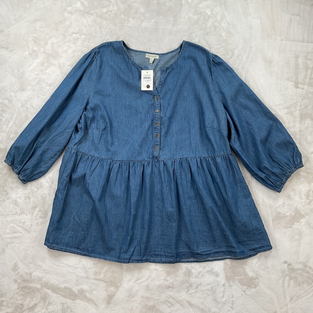 Loralette Mid Denim Blue Babydoll Tunic Top 2X NWT 3/4 Sleeve Peplum 00206462